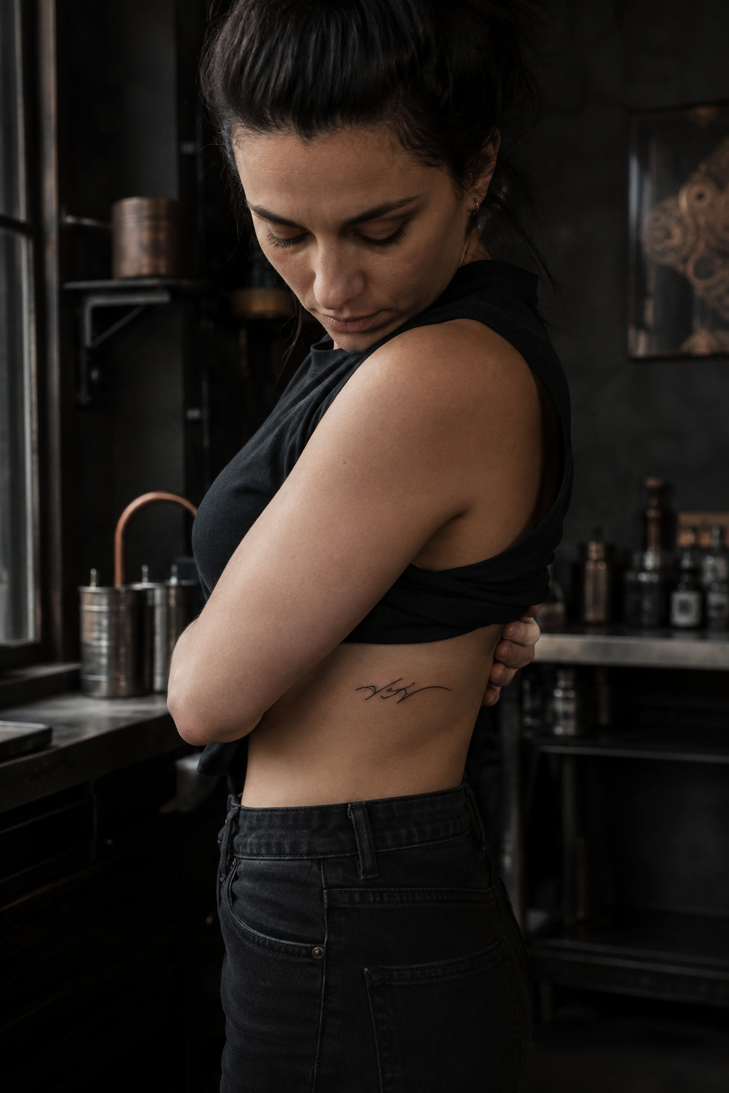 A short abstract script-like line on an adult woman's ribs with no legible text.