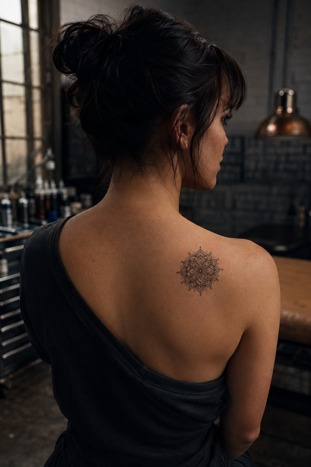A small symmetrical fine-line mandala near an adult woman's shoulder blade.