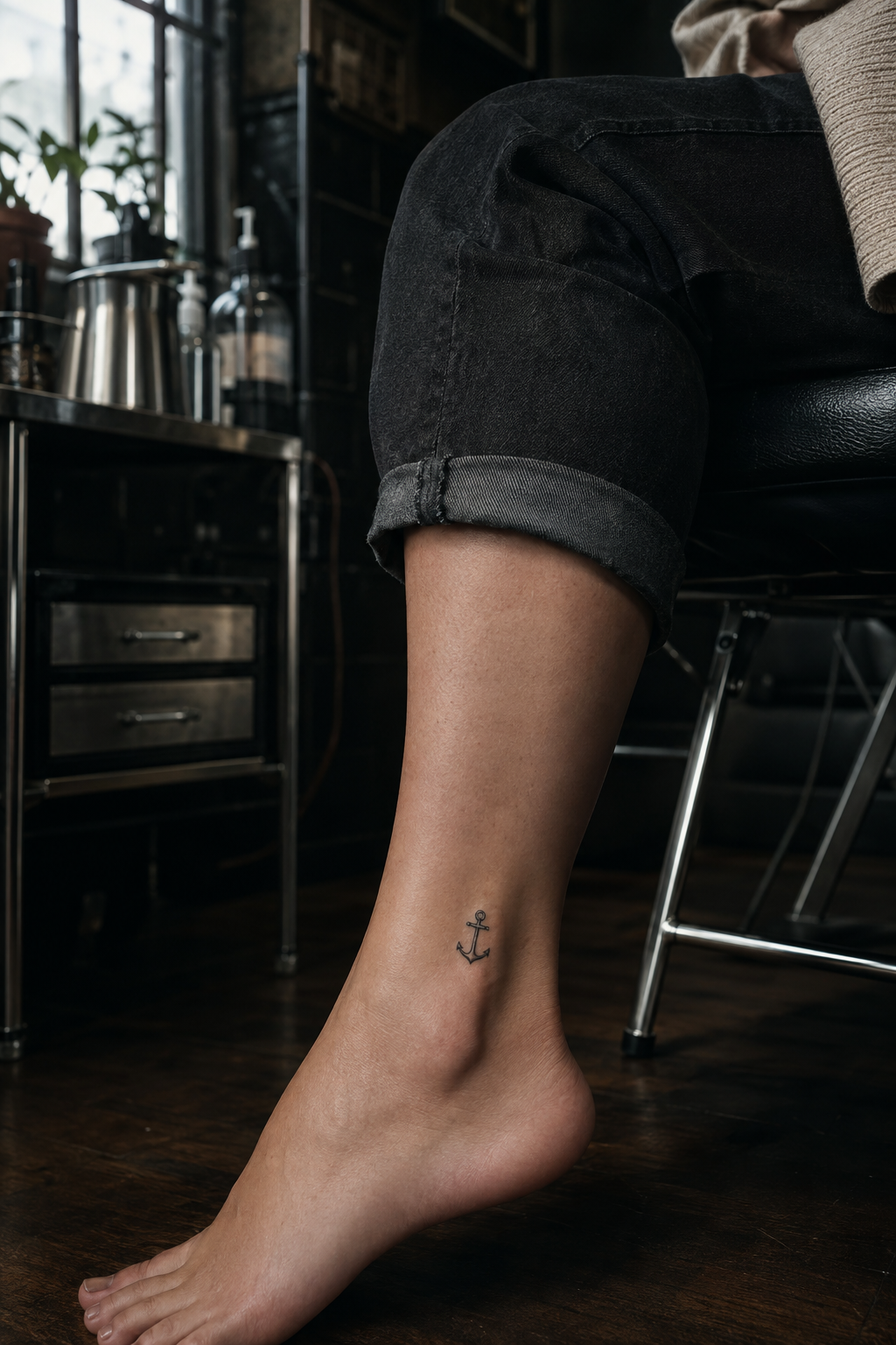 A compact black anchor on the outer ankle of an adult woman.
