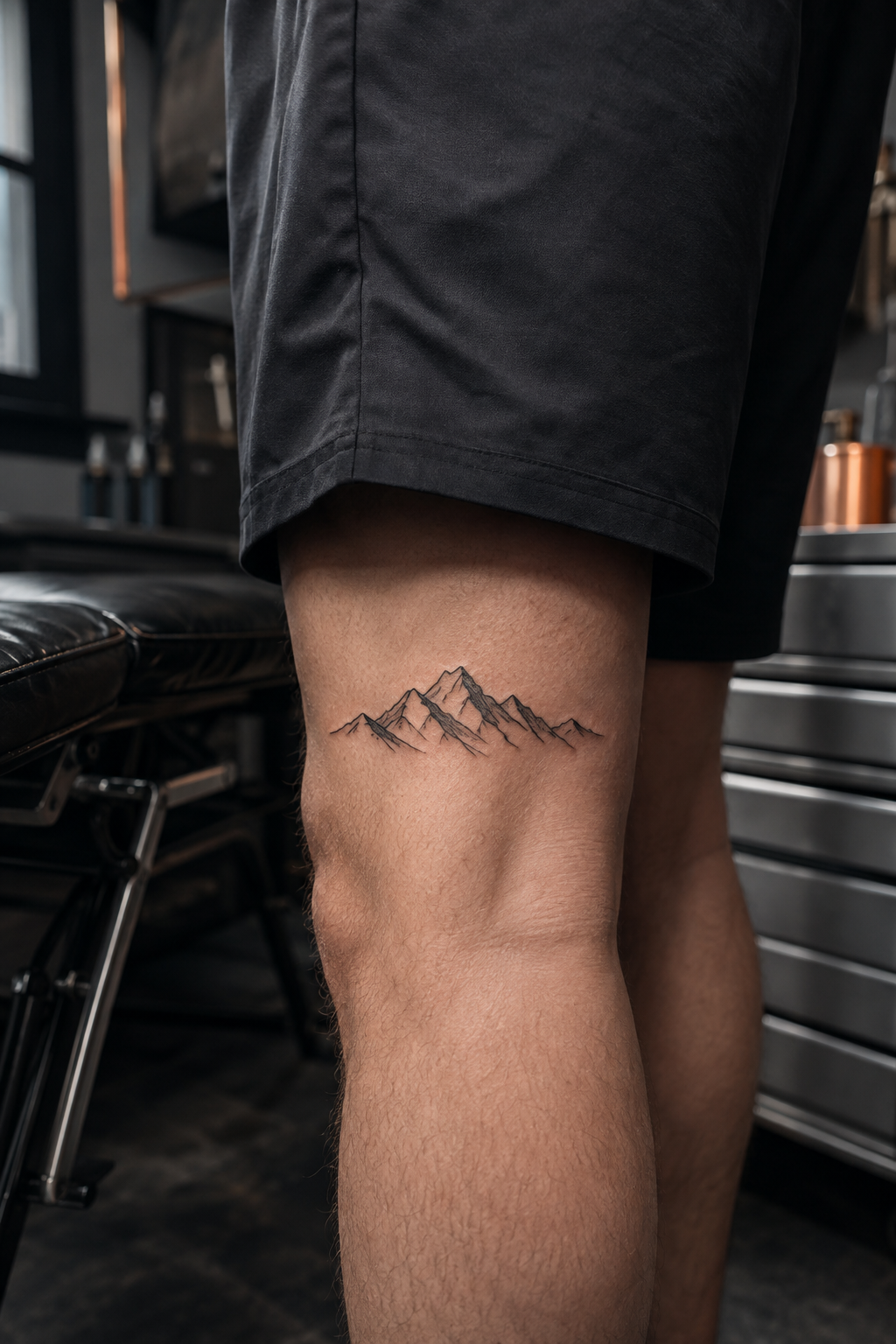 A minimalist line of mountain peaks across an adult woman's upper thigh.