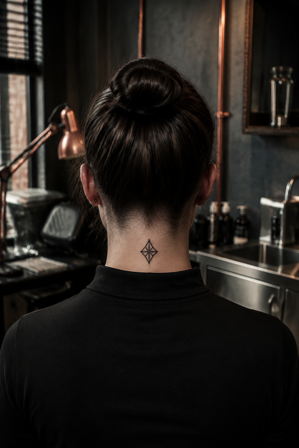 A small symmetrical geometric diamond below an adult woman's hairline.