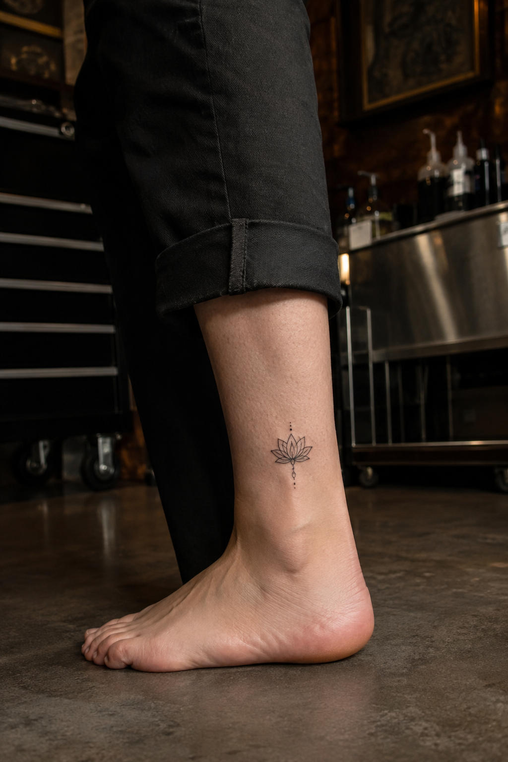 A compact fine-line lotus placed above an adult woman's ankle.