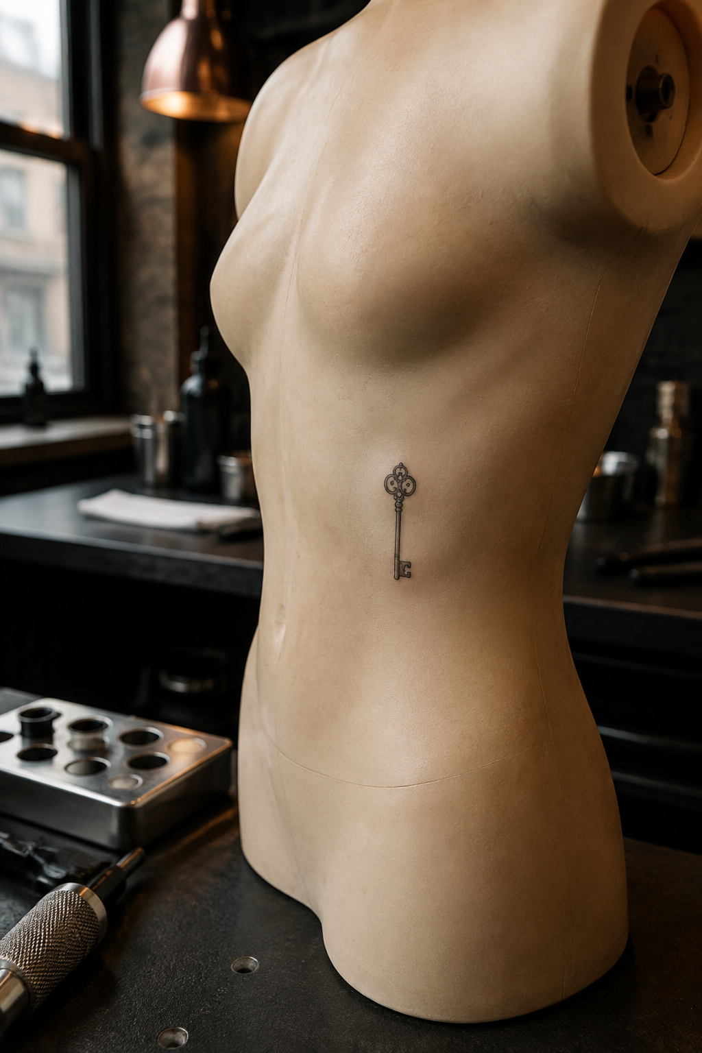 A small fine-line skeleton key on an adult woman's side ribs.