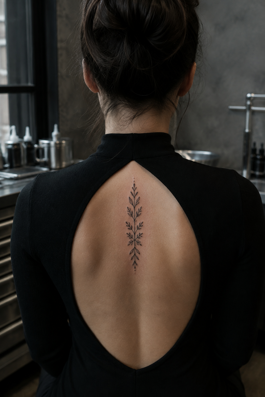 A narrow symmetrical leafy motif centered on an adult woman's upper spine.