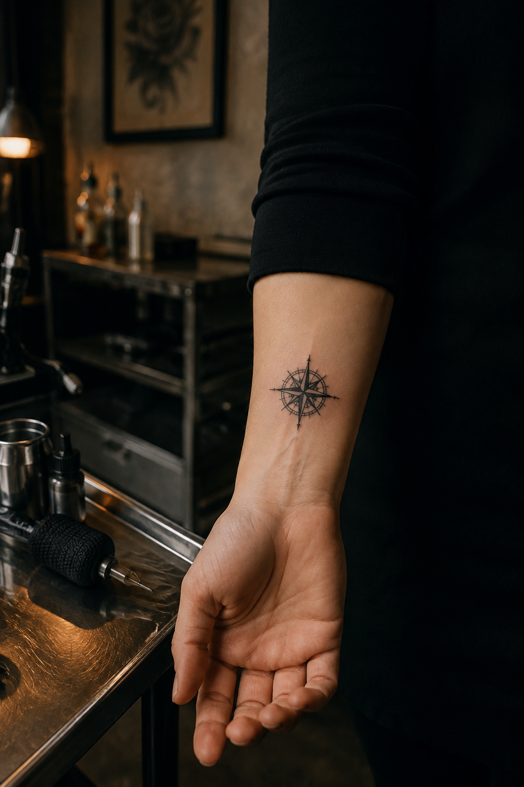 A small detailed compass rose on an adult woman's inner wrist without letters.