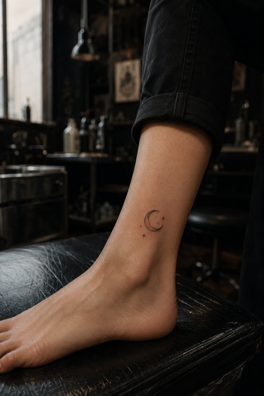 A fine-line crescent moon with a few tiny stars on an adult woman's ankle.