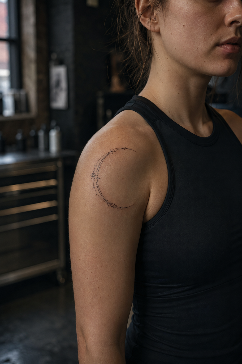 A small decorative fine-line crescent following an adult woman's shoulder curve.
