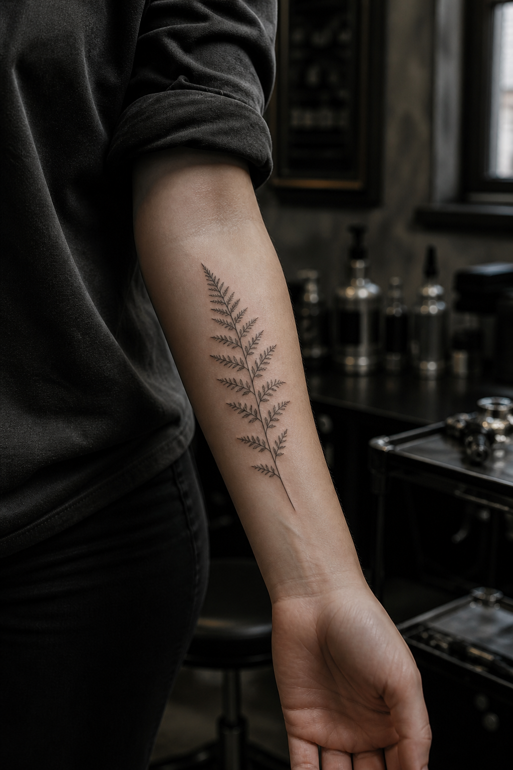 A light fine-line fern extending along an adult woman's inner forearm.