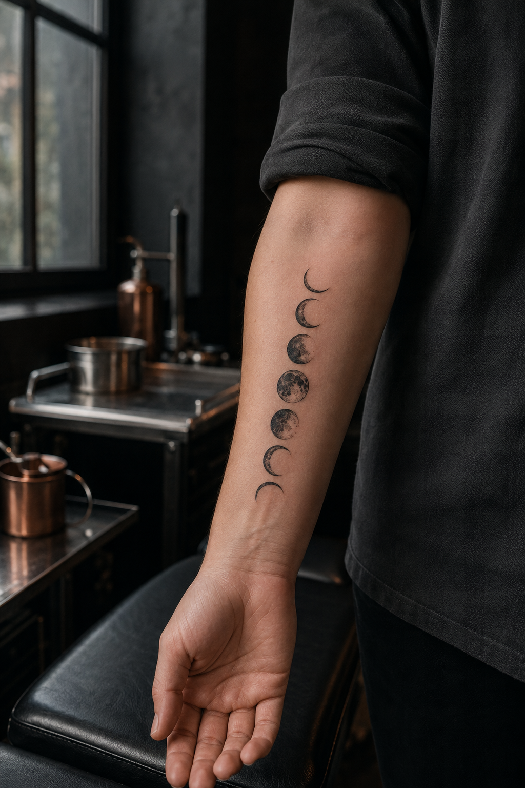 A vertical sequence of moon phases along an adult woman's inner forearm.