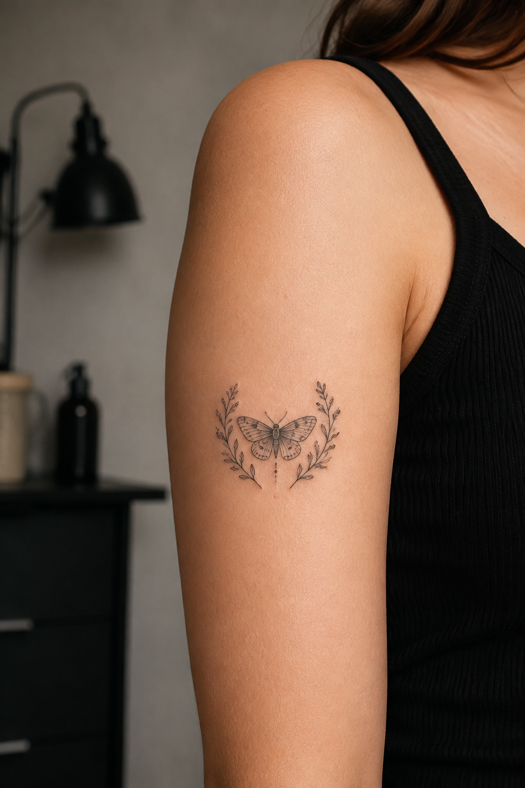 Black and white small tattoos for women with a fine-line moth and botanicals