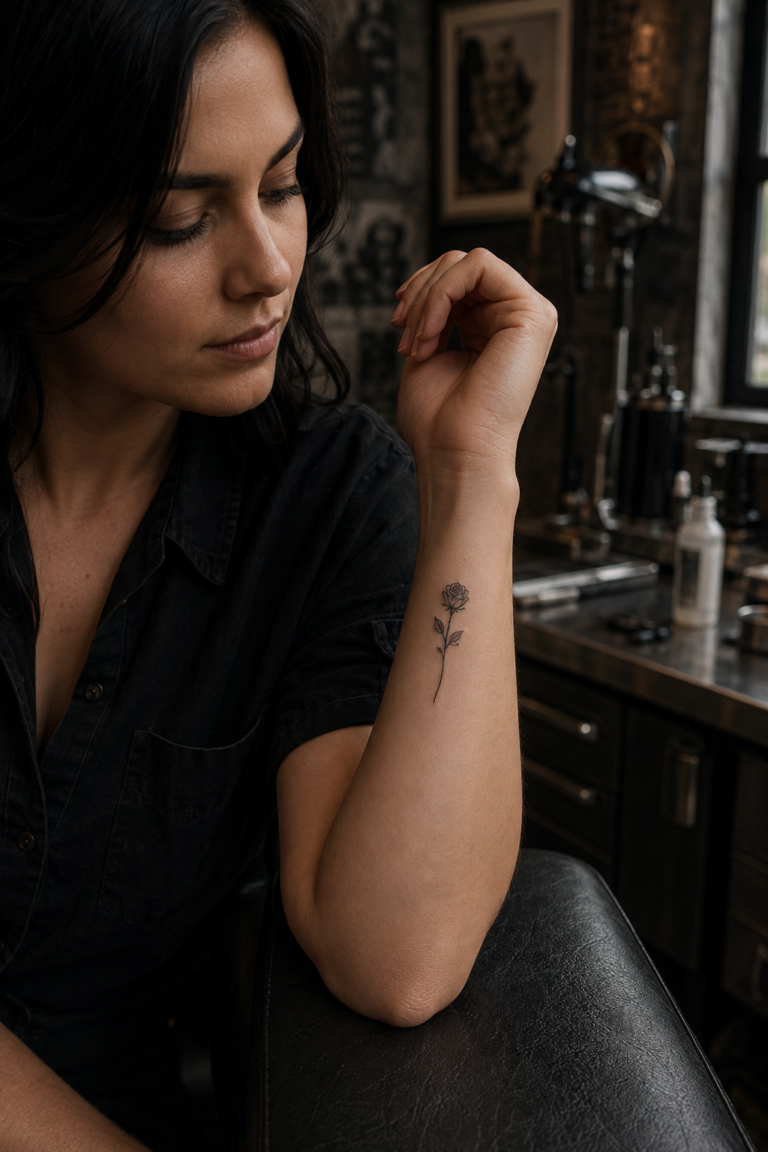 Black and white small tattoos for women with a fine-line wrist rose