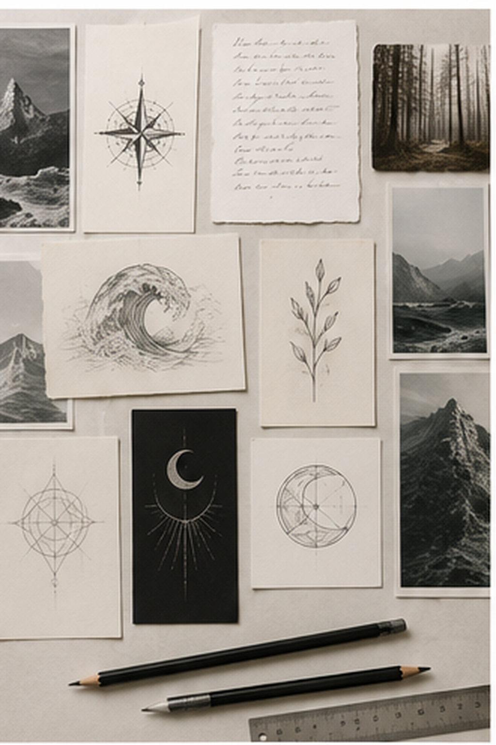 choose a first tattoo design: personal symbols and notes arranged into an original mood board