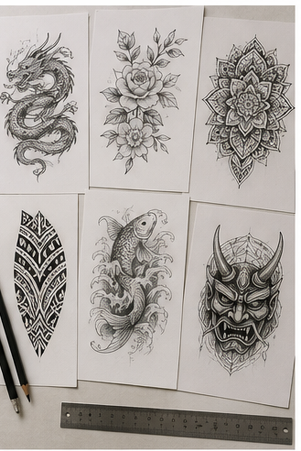 choose a first tattoo design: different tattoo styles compared on clean paper flash sheets