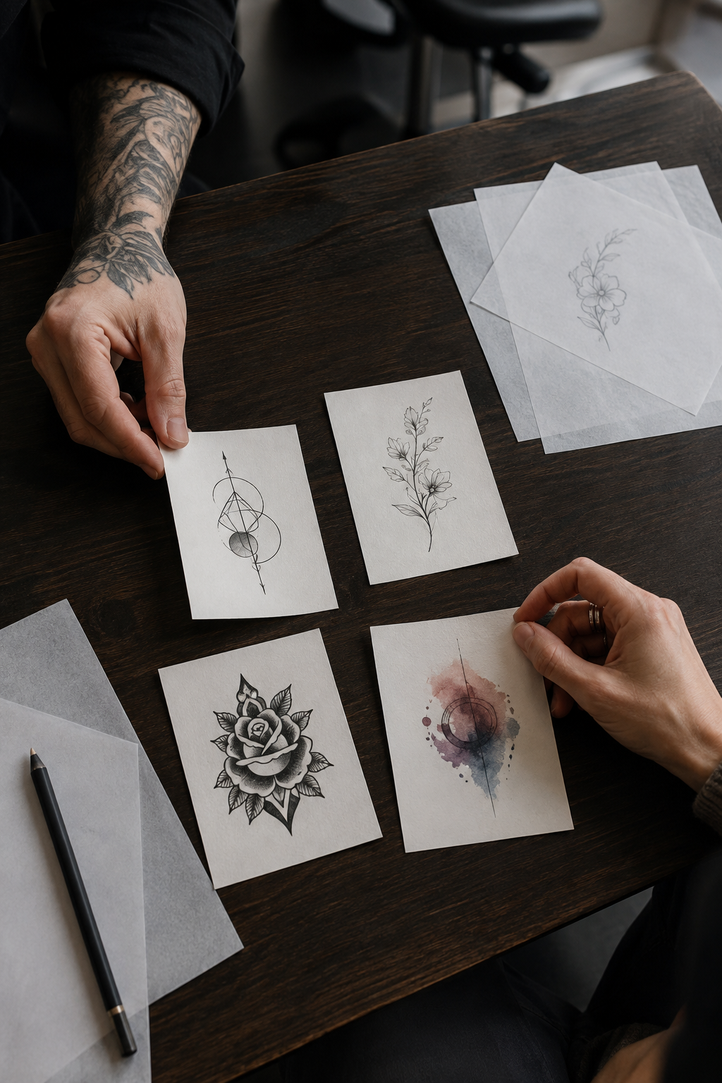 First tattoo planning guide with original style sketches on a consultation table