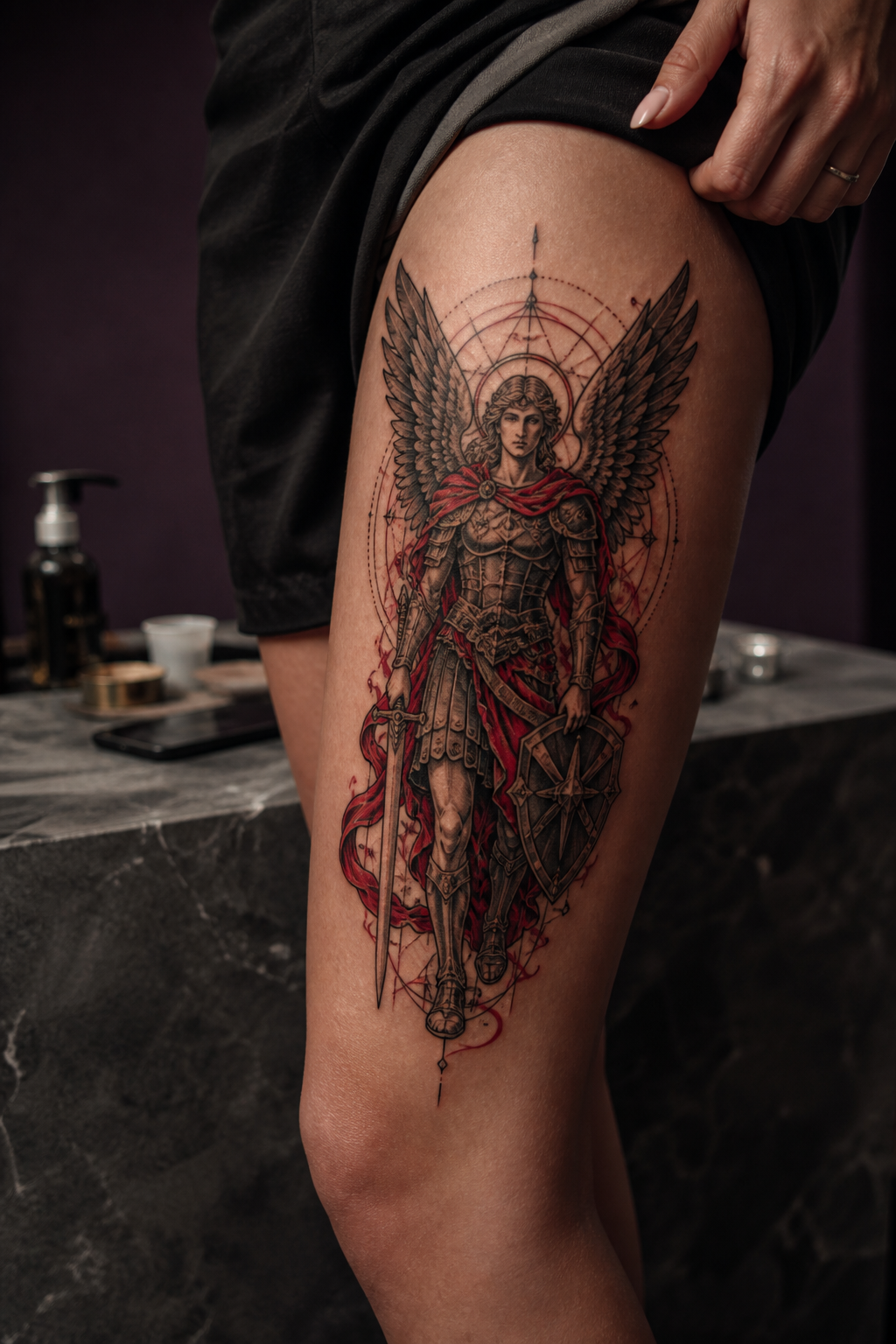Red and black archangel thigh tattoo in a Christian God symbol tattoo ideas collection