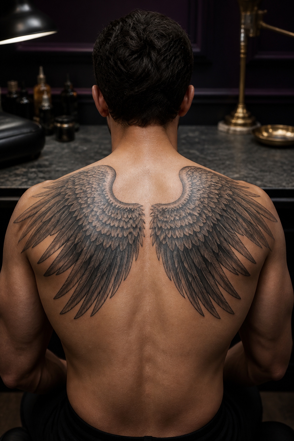 Black and gray angel wings tattoo across the upper back