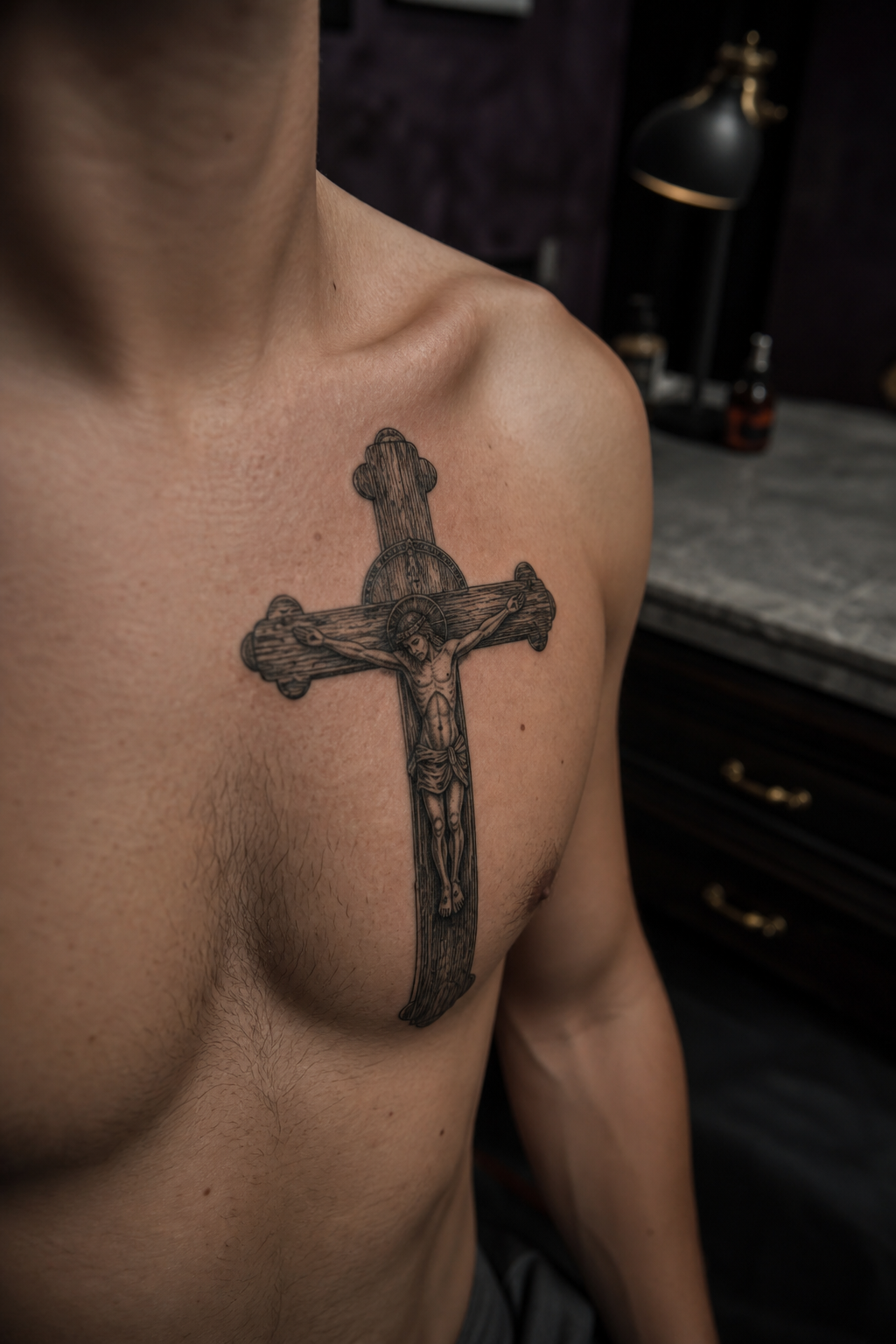 Wood grain crucifix tattoo placed over the upper chest
