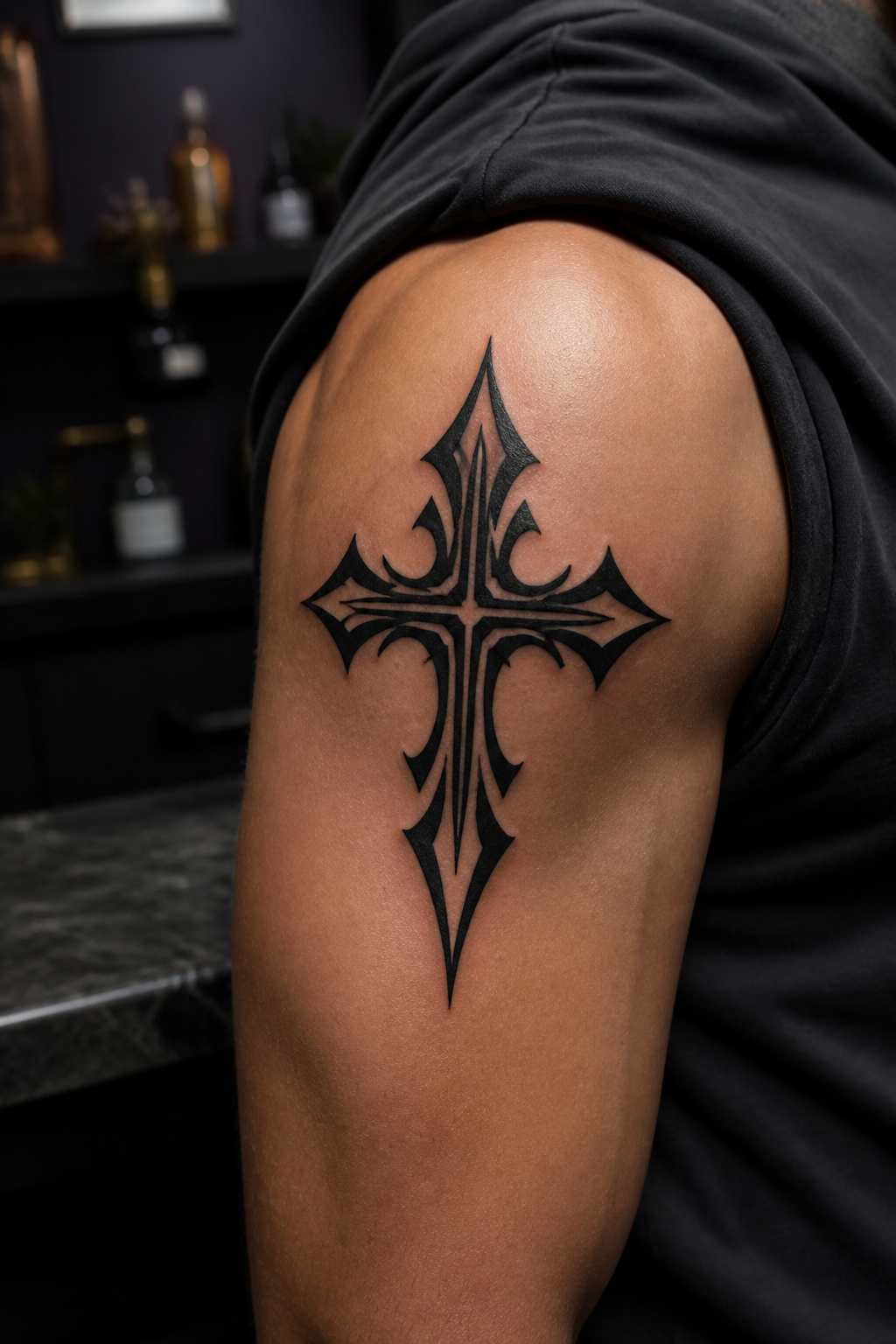 Bold black tribal style cross tattoo on the shoulder