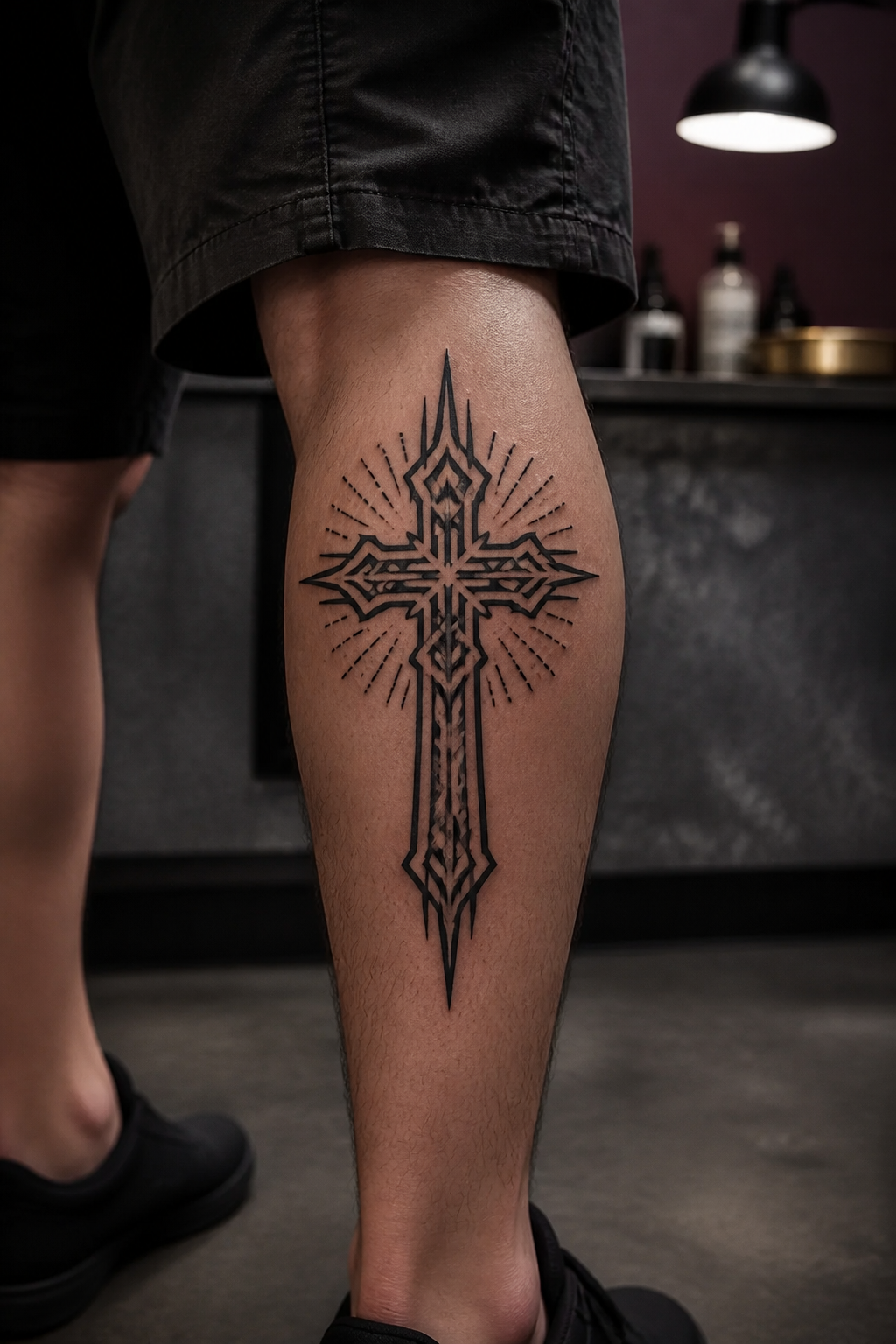 Intricate geometric blackwork cross tattoo on the calf