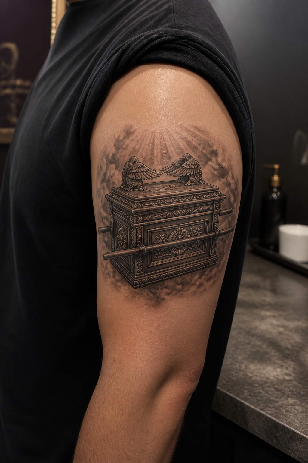 Detailed Ark of the Covenant tattoo on the upper arm