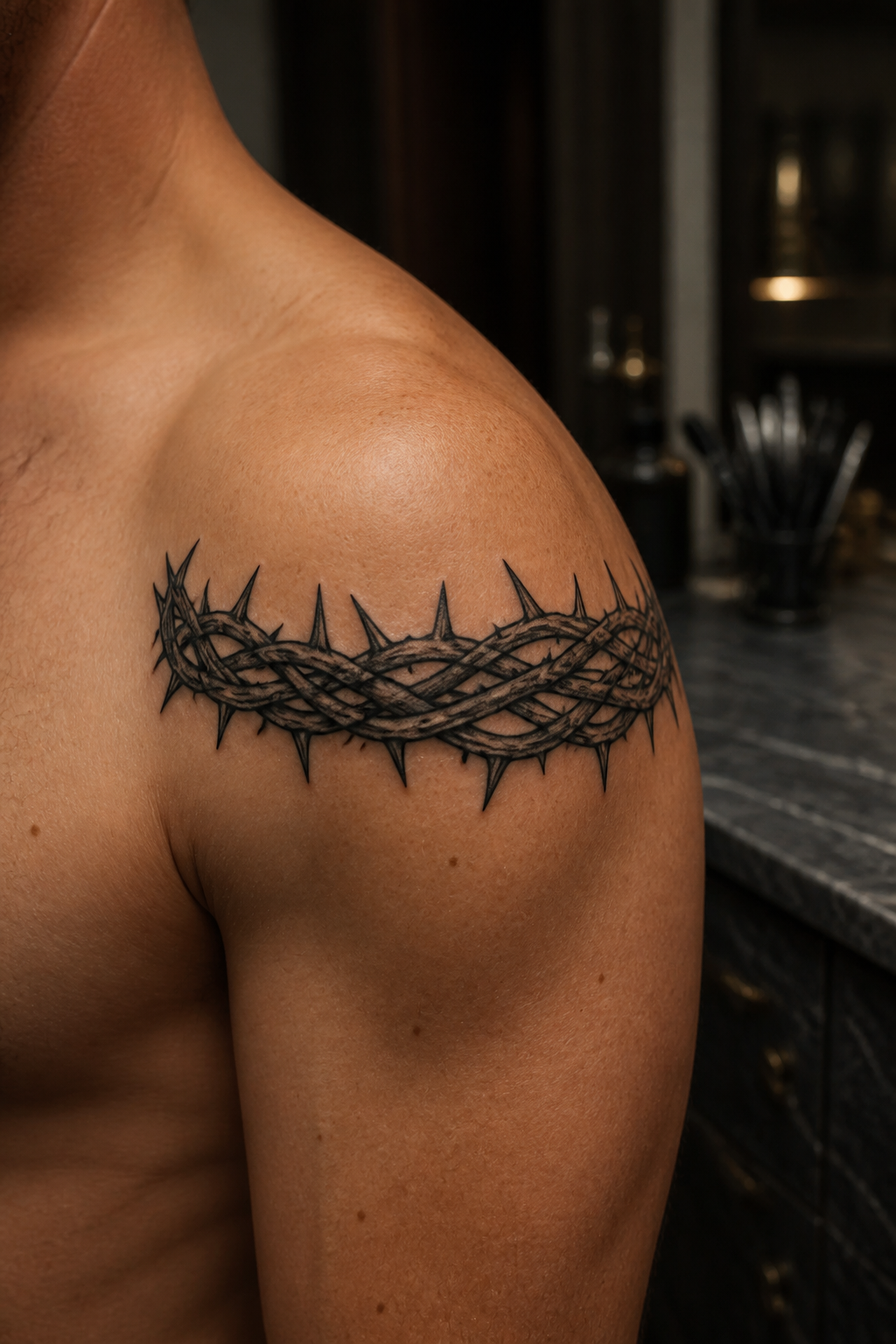 Blackwork crown of thorns tattoo wrapping the shoulder