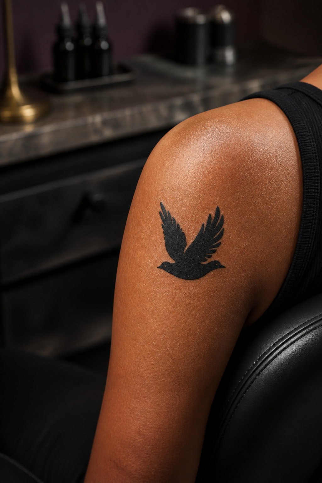 Solid black dove silhouette tattoo on the shoulder