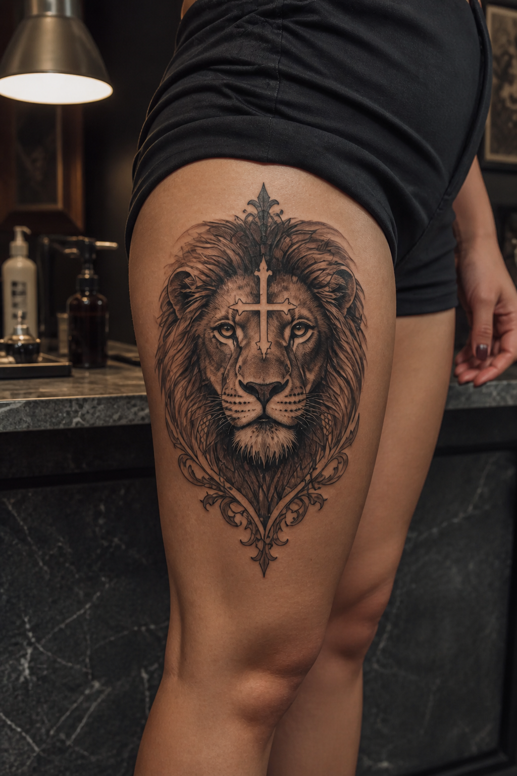 Lion portrait thigh tattoo with a centered cross detail