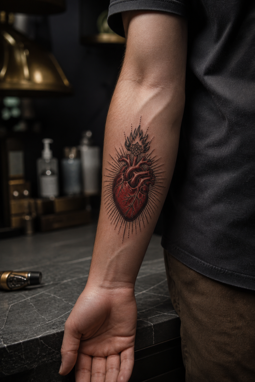 Red anatomical sacred heart tattoo on the forearm