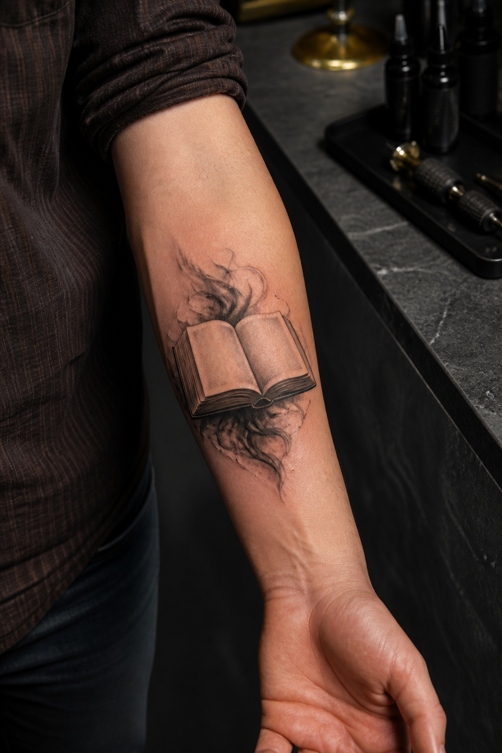 Open Bible tattoo on the forearm without readable text