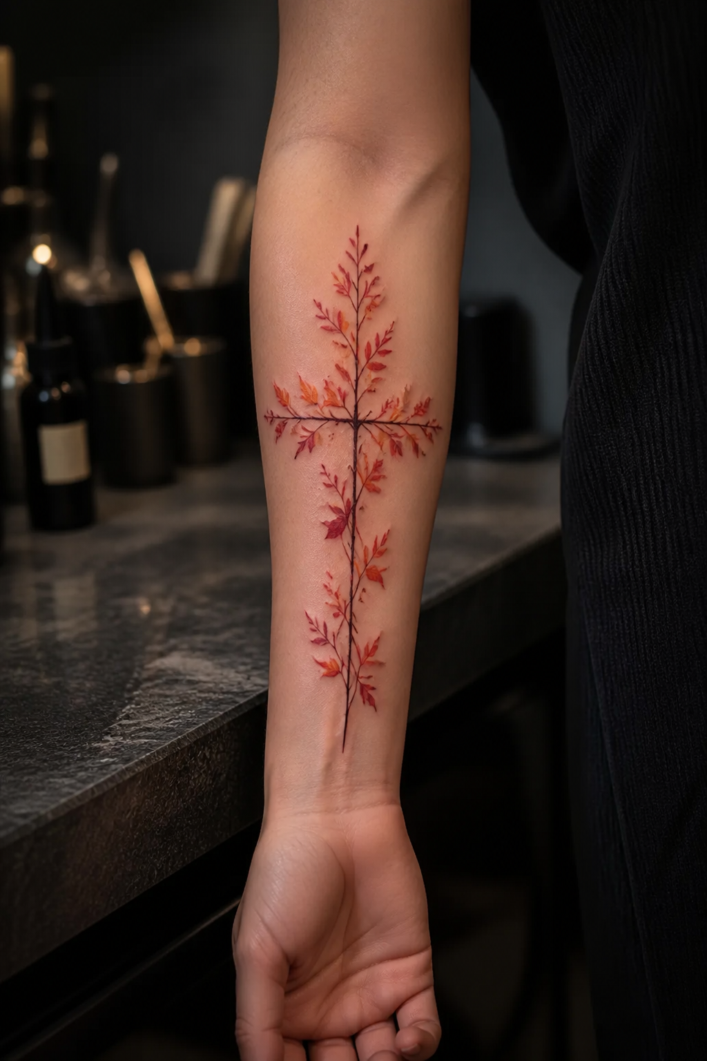 Red orange botanical cross tattoo on the forearm