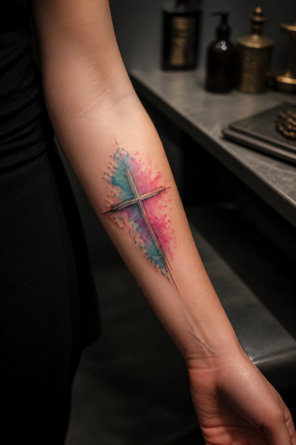 Teal and pink watercolor cross tattoo on the forearm