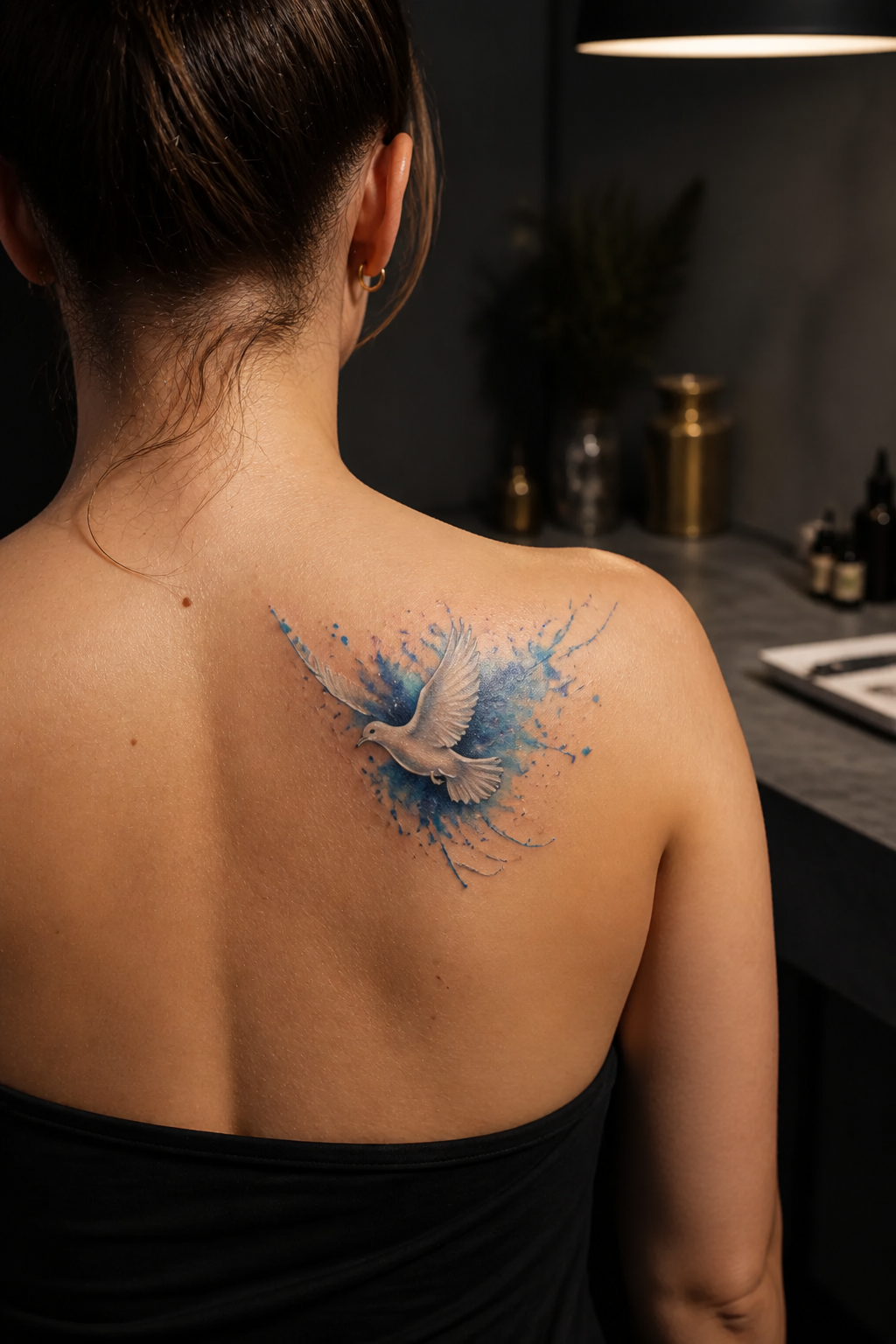 White dove tattoo with blue watercolor accents on the upper back