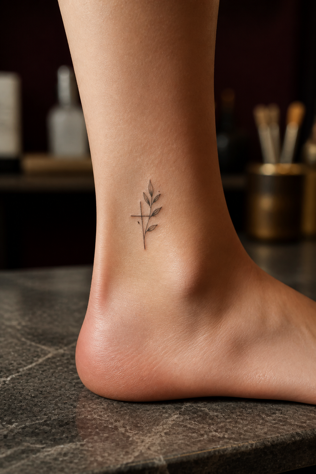 Small cross and fine olive branch tattoo near the ankle