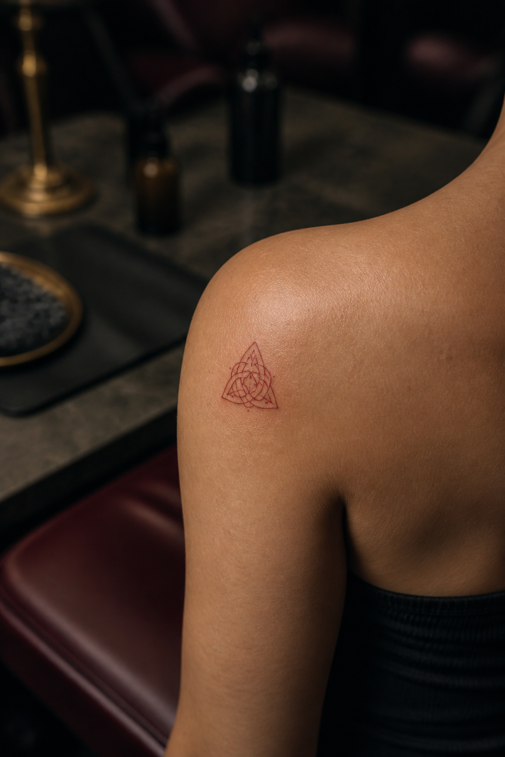 Small red trinity knot tattoo on the upper shoulder