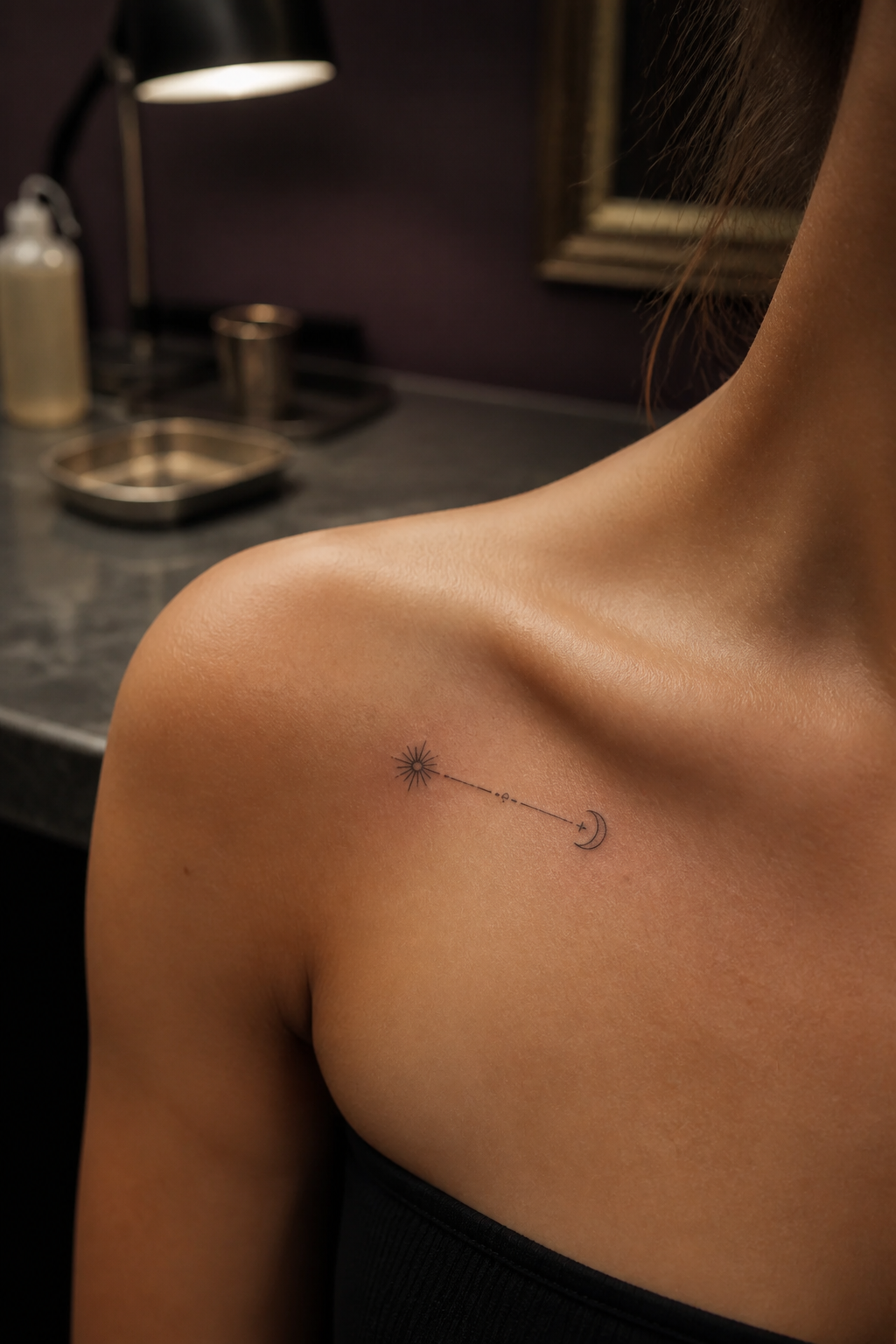 Minimal beginning and end faith symbol tattoo near the collarbone