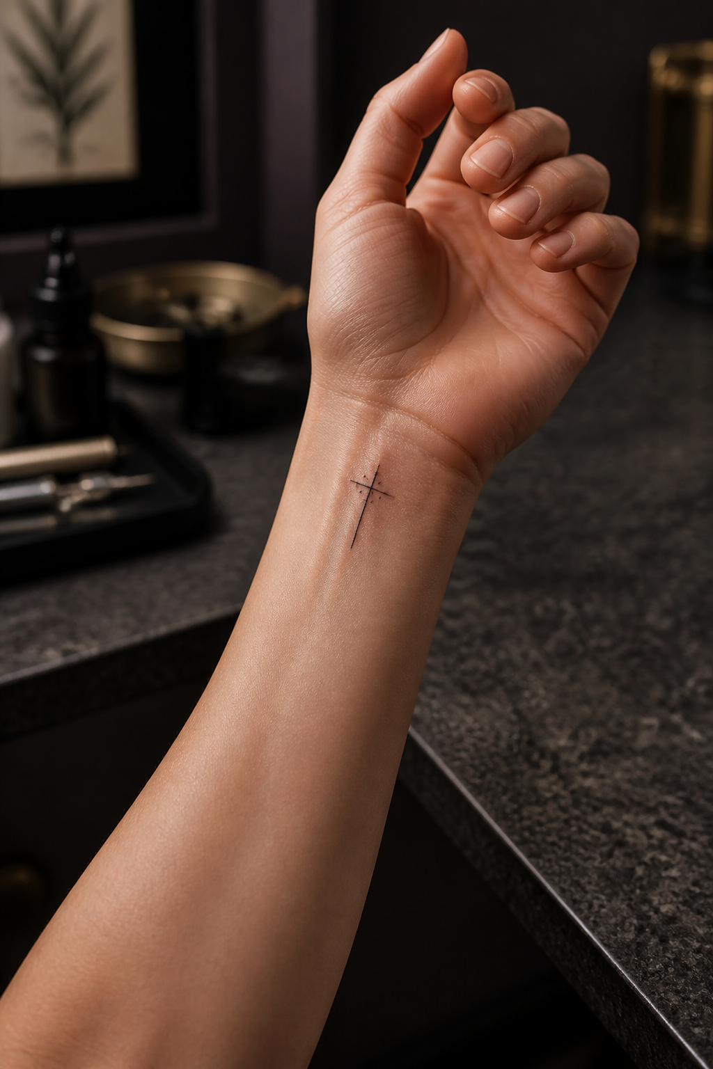Minimal fine line cross tattoo on the inner wrist