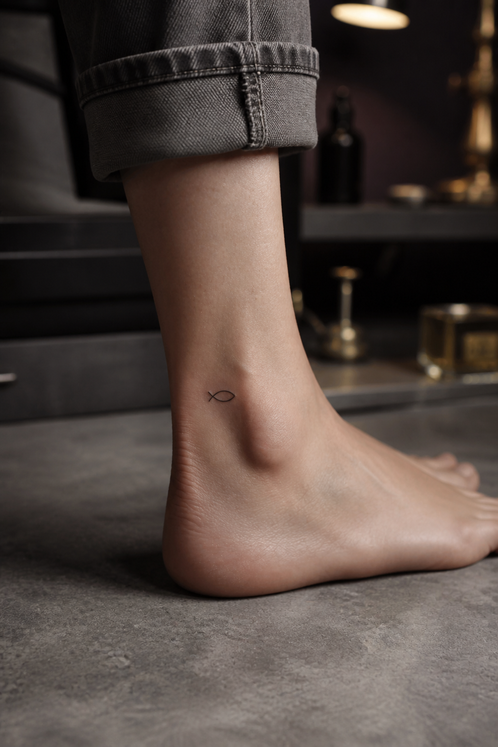 Tiny Christian fish symbol tattoo on the outer ankle