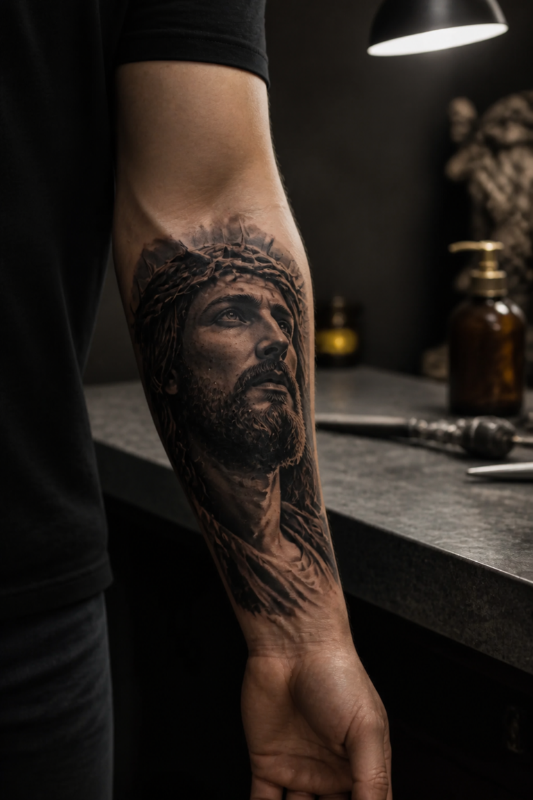 Realistic Jesus portrait forearm tattoo for Christian God symbol tattoo ideas