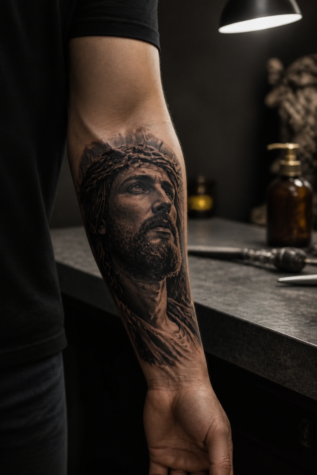 Realistic Jesus portrait forearm tattoo for Christian God symbol tattoo ideas