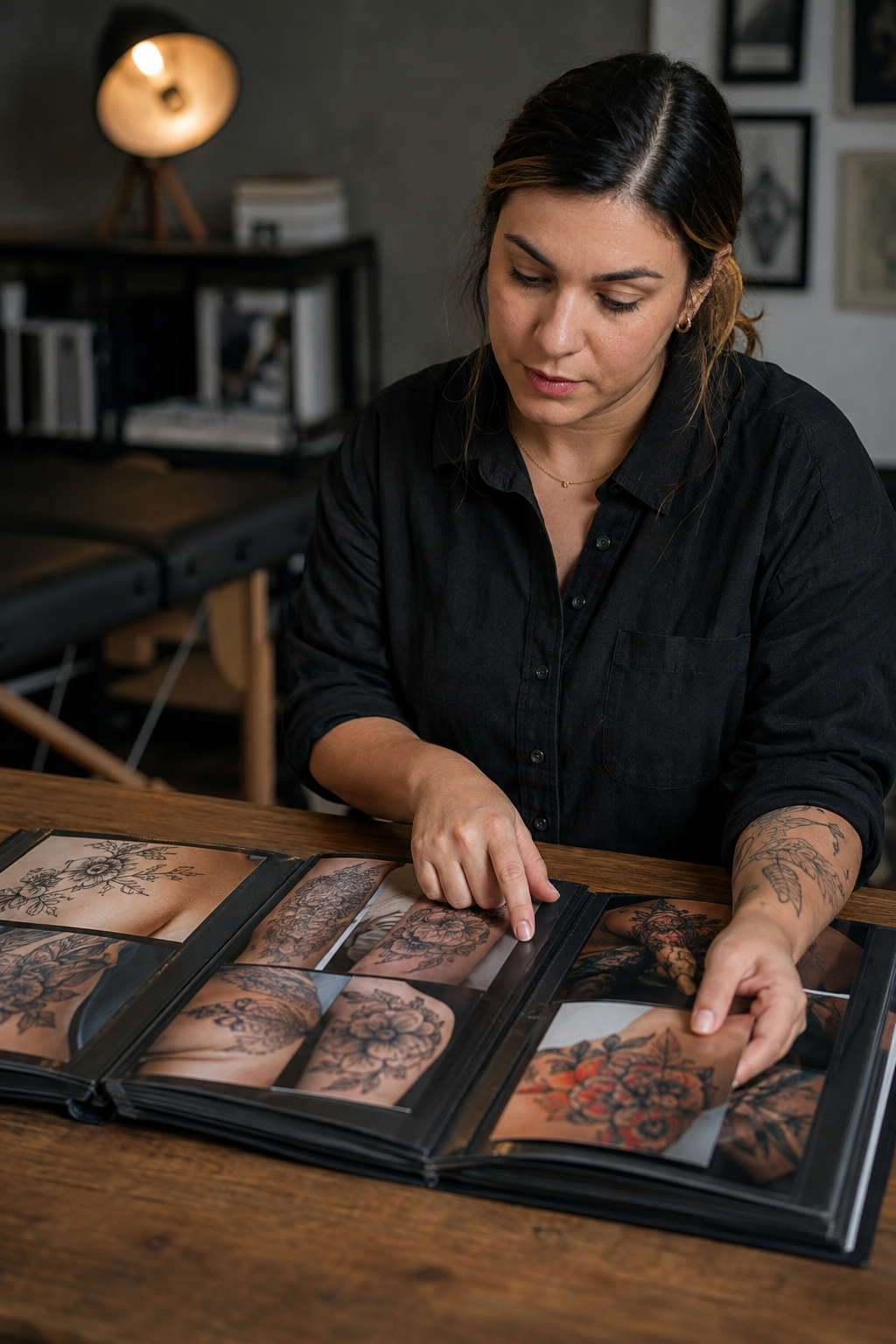 first tattoo guide for beginners: client comparing healed tattoo portfolio examples