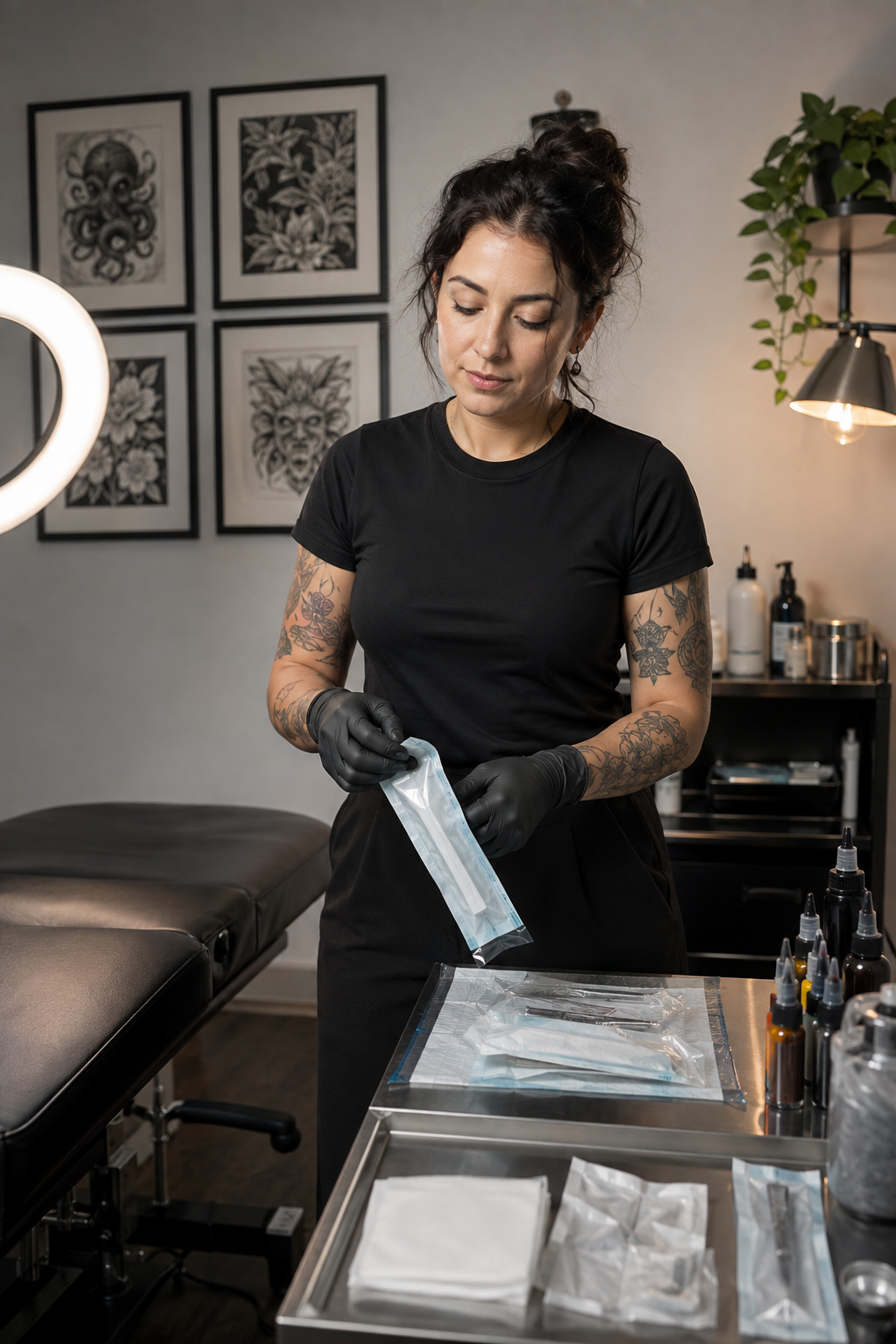 first tattoo guide for beginners: clean professional tattoo studio setup with sealed supplies