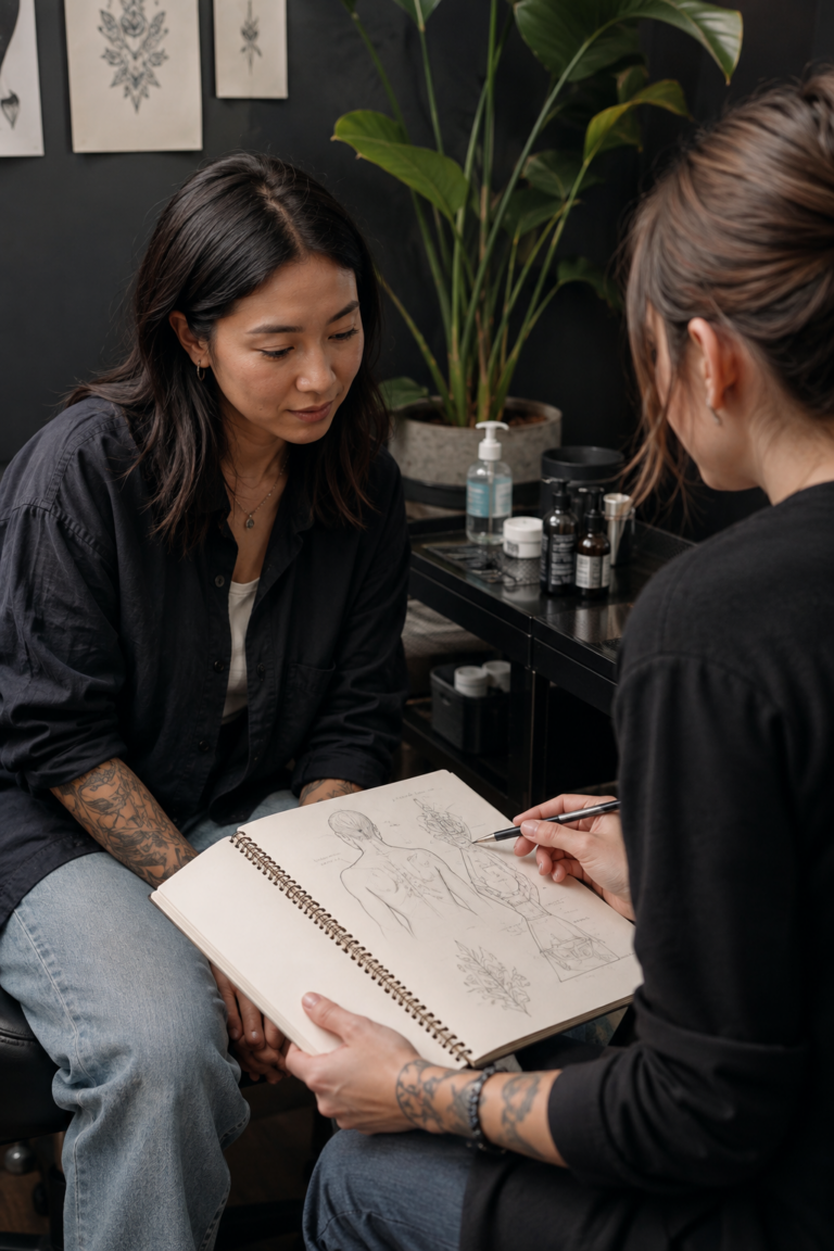first tattoo guide for beginners: calm first tattoo consultation with sketchbook and placement notes