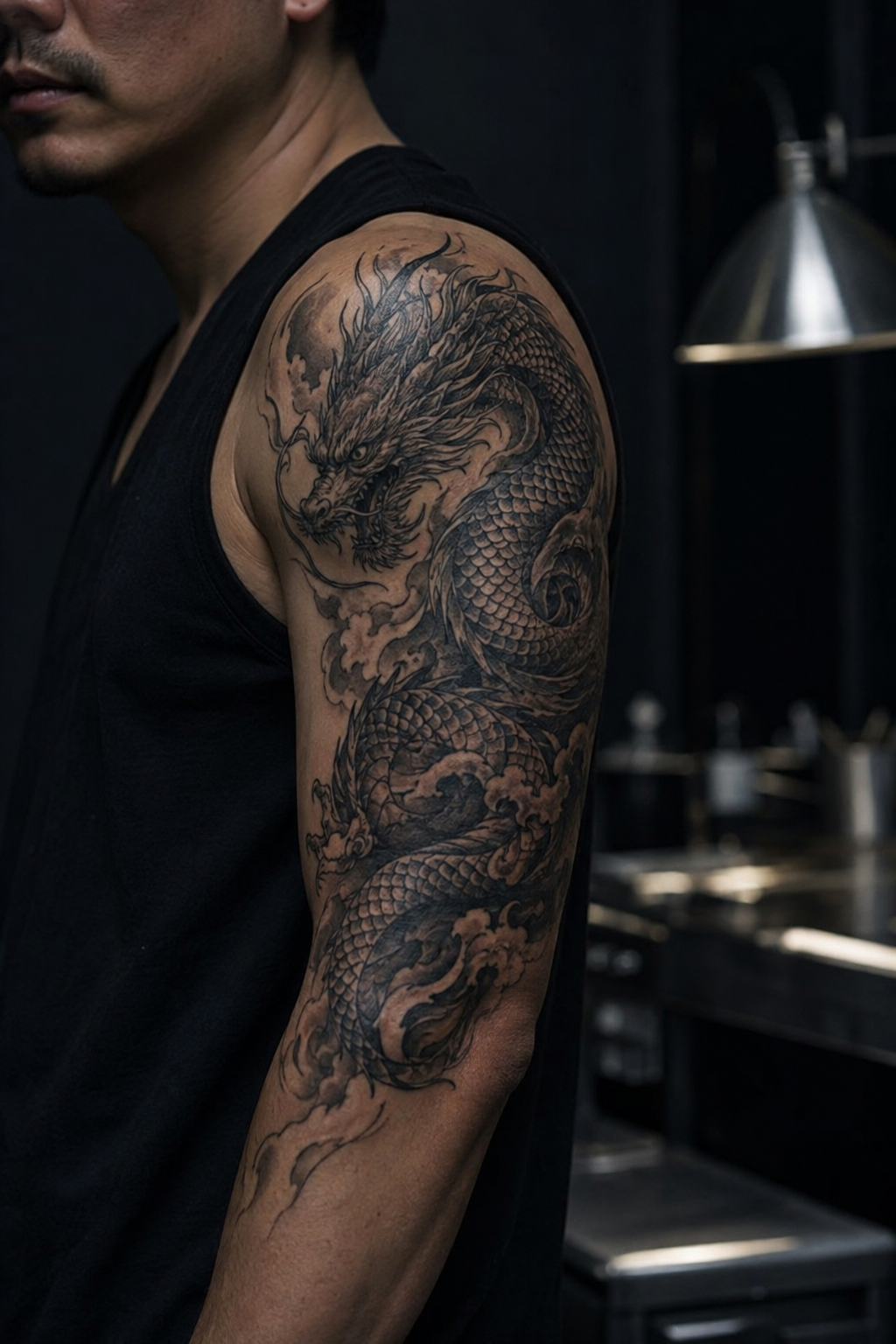 Half sleeve tattoos for men with an original dragon composition