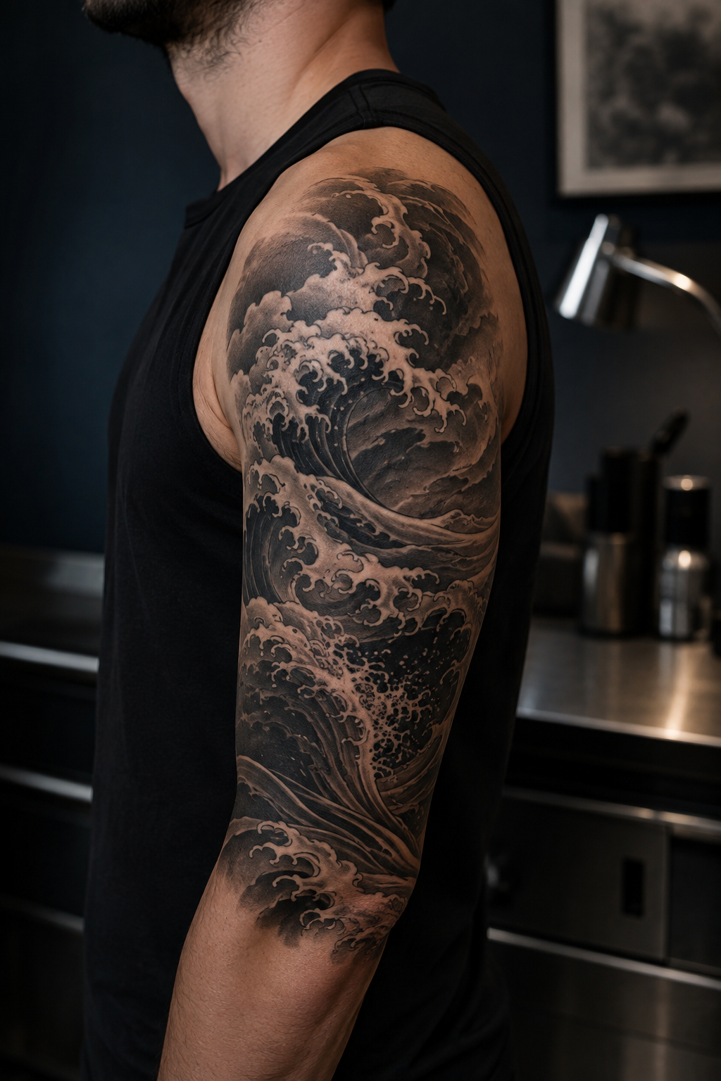 Ocean wave half sleeve curving around an adult upper arm