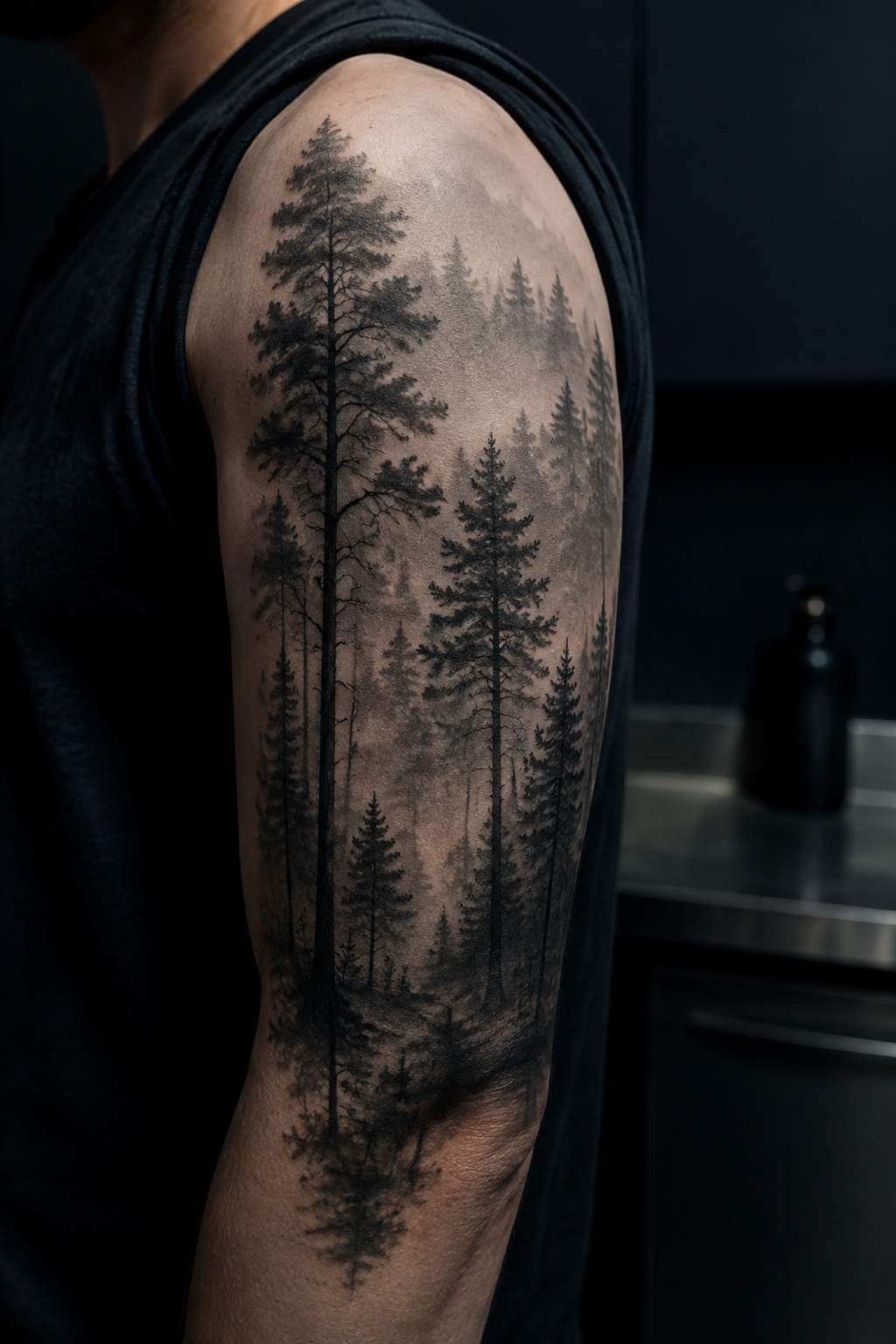 Black and gray forest half sleeve with layered depth