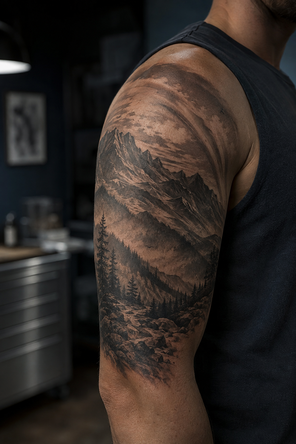 Original mountain landscape half sleeve design