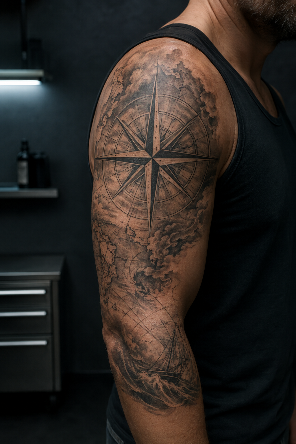 Compass-led half sleeve with restrained map details
