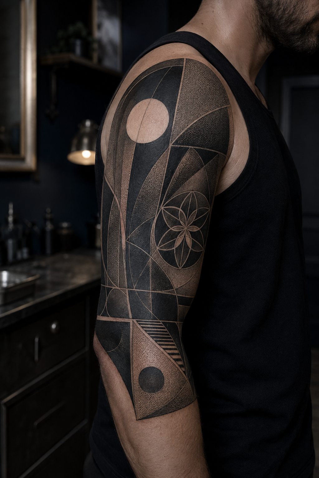 Geometric half sleeve with balanced black shapes
