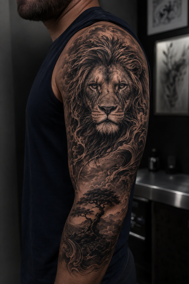 Half sleeve tattoos for men with an original lion composition
