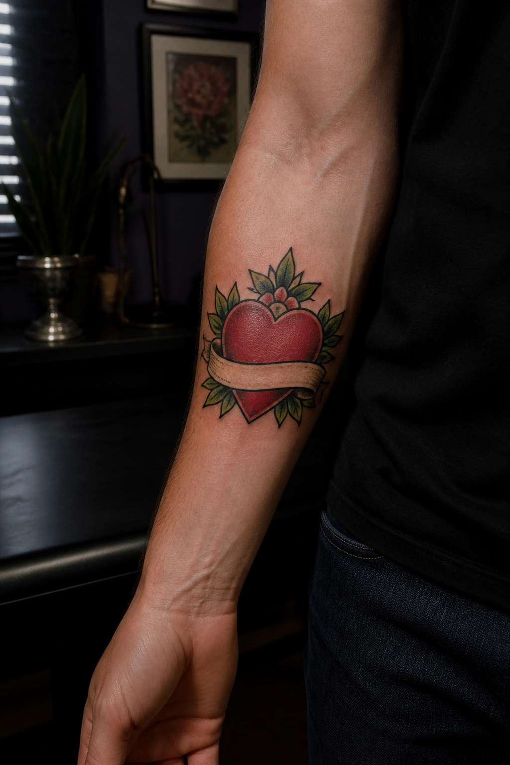 Heart with name tattoo ideas in a classic red banner style
